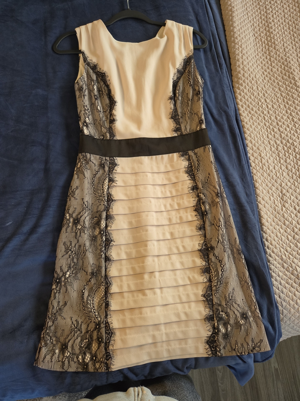 BCBGMaxAzria Cream Dress with Black Lace Trim and Waistband